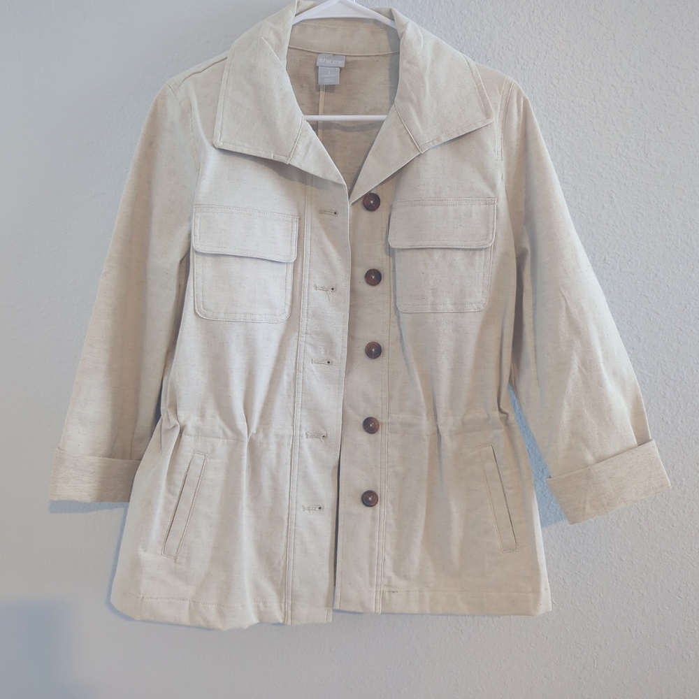 Chico's Jacket Blazer Cotton Linen Cream Lightweight Spandex Pockets Sz 1 Medium